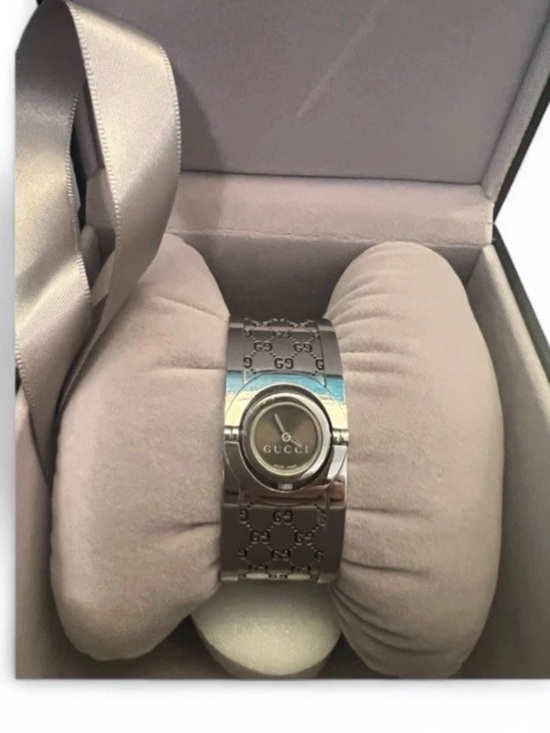 GUCCI Bronze Dial Twirl 112 Stainless Steel Lady\' 23mm Quartz Cuff Watch Size 7\